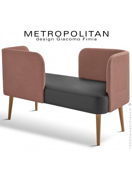 Banquette design conversation METROPOLITAN, piétement bois vernis naturel, assise cuir noir, dossier tissu Bubble rose.