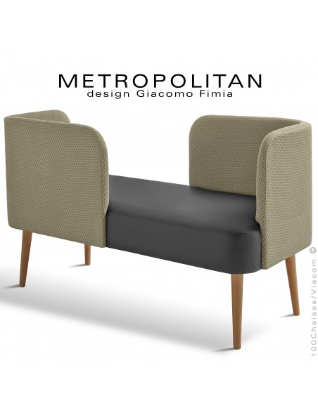 Banquette design conversation METROPOLITAN, piétement vernis naturel, assise cuir noir, dossier tissu Bubble vert.