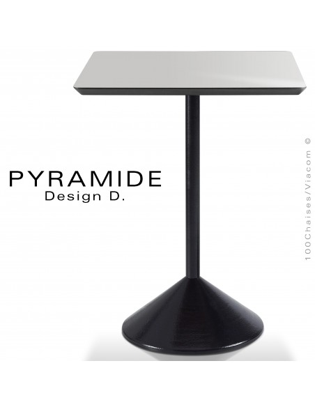 Table PYRAMIDE pour CHR., piétement fonte d'aluminium peint noir, plateau stratifié couleur argent.