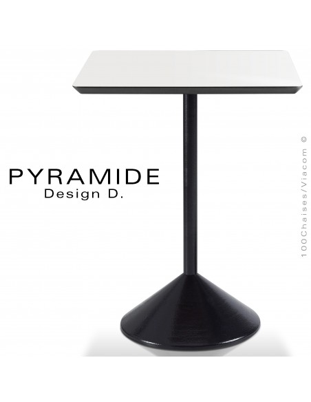 Table PYRAMIDE pour CHR., piétement fonte d'aluminium peint noir, plateau stratifié couleur blanc.
