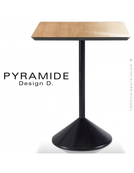 Table PYRAMIDE pour CHR., piétement fonte d'aluminium peint noir, plateau stratifié aspect bois chêne clair.