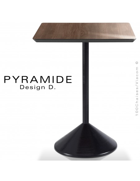 Table PYRAMIDE pour CHR., piétement fonte d'aluminium peint noir, plateau stratifié aspect bois chêne sombre.