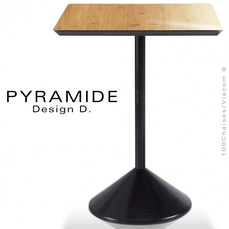 Table PYRAMIDE pour CHR., piétement fonte d'aluminium peint noir, plateau stratifié aspect bois chêne vieilli.