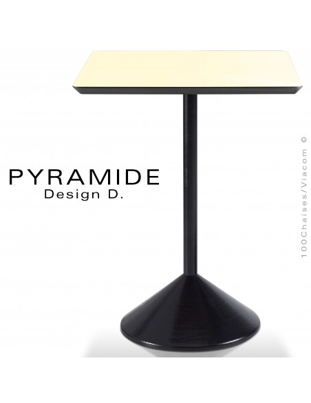 Table PYRAMIDE pour CHR., piétement fonte d'aluminium peint noir, plateau stratifié couleur crème.