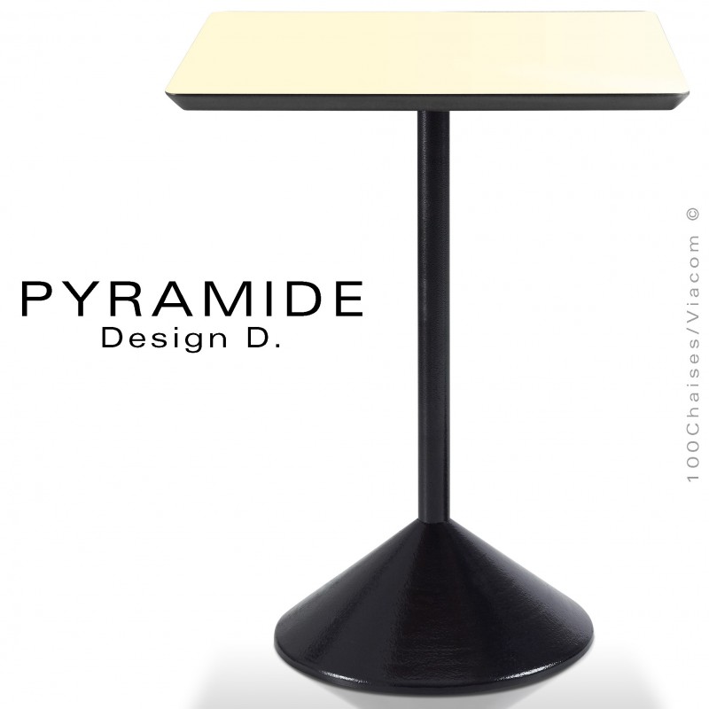 Table PYRAMIDE pour CHR., piétement fonte d'aluminium peint noir, plateau stratifié couleur crème.