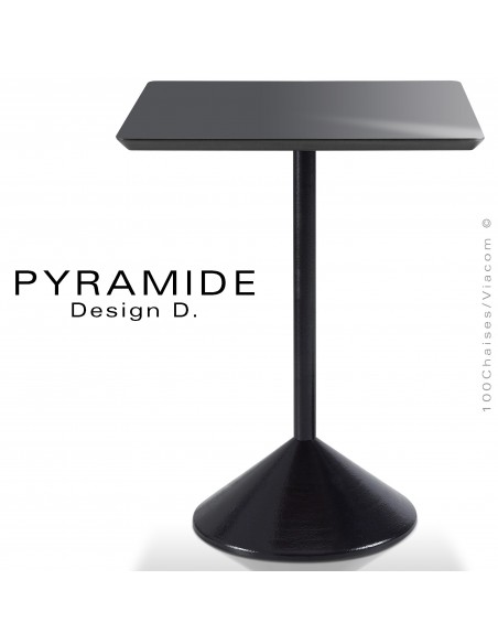 Table PYRAMIDE pour CHR., piétement fonte d'aluminium peint noir, plateau stratifié couleur gris foncé.