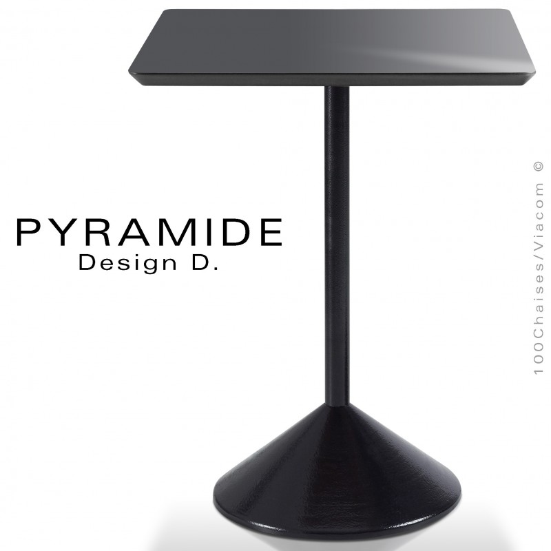 Table PYRAMIDE pour CHR., piétement fonte d'aluminium peint noir, plateau stratifié couleur gris foncé.