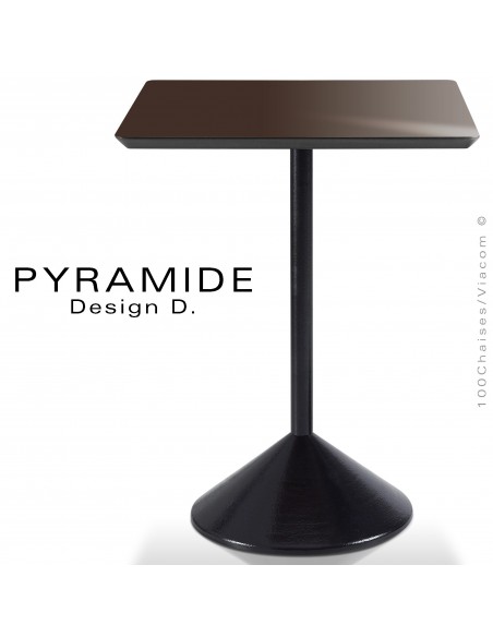 Table PYRAMIDE pour CHR., piétement fonte d'aluminium peint noir, plateau stratifié couleur marron.