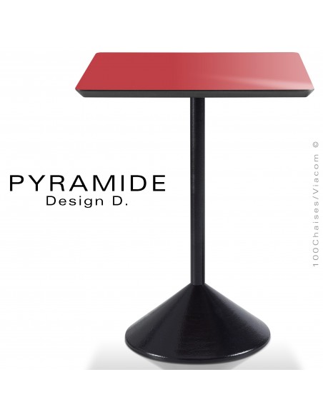 Table PYRAMIDE pour CHR., piétement fonte d'aluminium peint noir, plateau stratifié couleur rouge sombre.