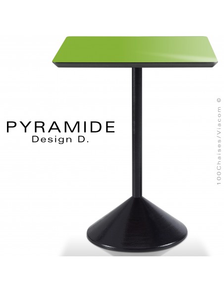 Table PYRAMIDE pour CHR., piétement fonte d'aluminium peint noir, plateau stratifié couleur vert pomme.