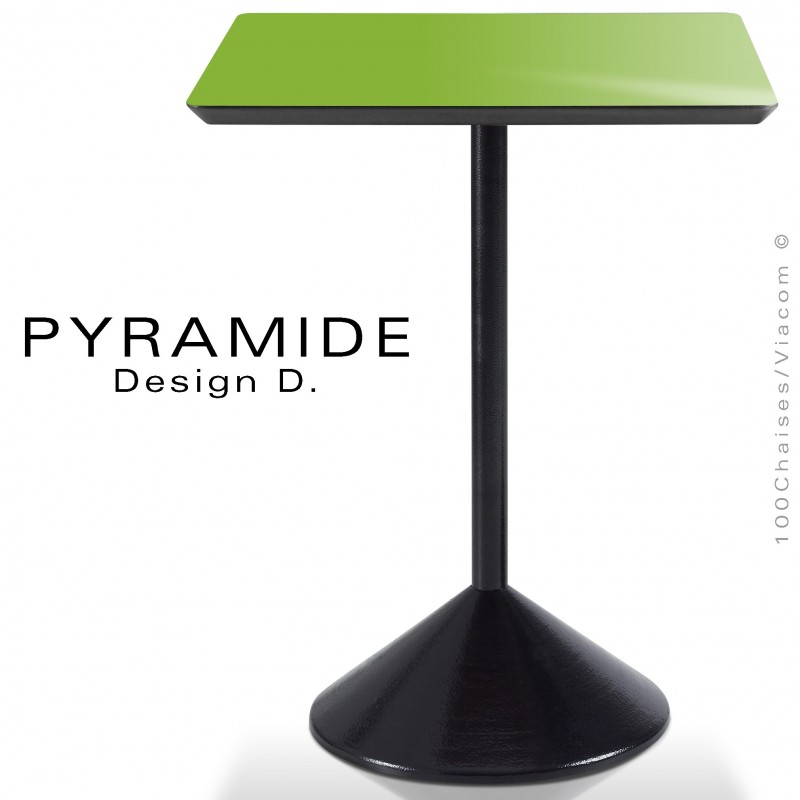 Table PYRAMIDE pour CHR., piétement fonte d'aluminium peint noir, plateau stratifié couleur vert pomme.