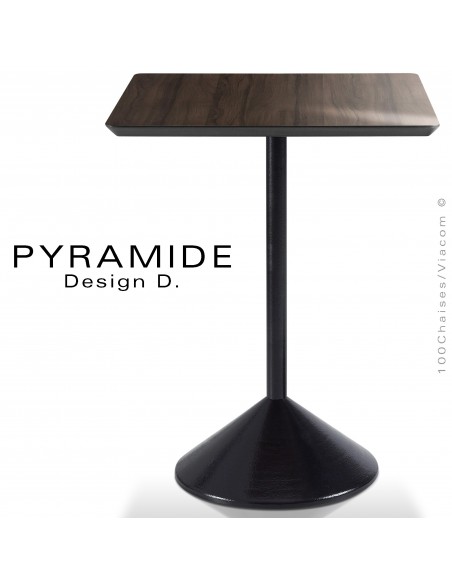 Table PYRAMIDE pour CHR., piétement fonte d'aluminium peint noir, plateau stratifié aspect bois wengé.