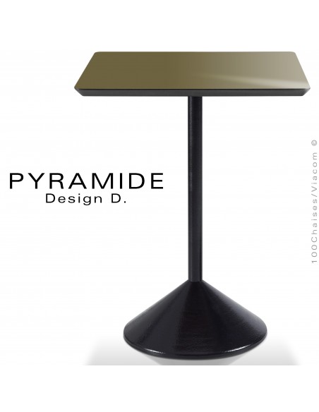 Table PYRAMIDE pour CHR., piétement fonte d'aluminium peint noir, plateau stratifié couleur vert camouflage.