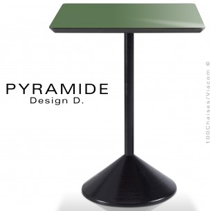Table PYRAMIDE pour CHR., piétement fonte d'aluminium peint noir, plateau stratifié couleur vert épicéa.