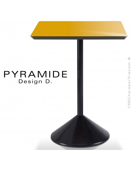Table PYRAMIDE pour CHR., piétement fonte d'aluminium peint noir, plateau stratifié couleur jaune Sambra.