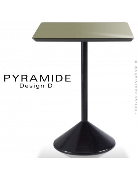 Table PYRAMIDE pour CHR., piétement fonte d'aluminium peint noir, plateau stratifié couleur vert kaki.