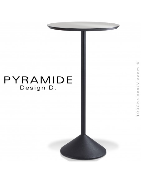 Table mange debout PYRAMIDE pour CHR., piétement fonte d'aluminium peint noir, plateau stratifié couleur argent.