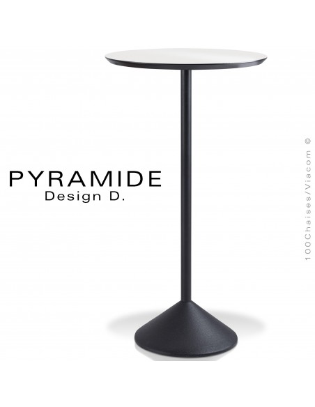 Table mange debout PYRAMIDE pour CHR., piétement fonte d'aluminium peint noir, plateau stratifié couleur blanche.