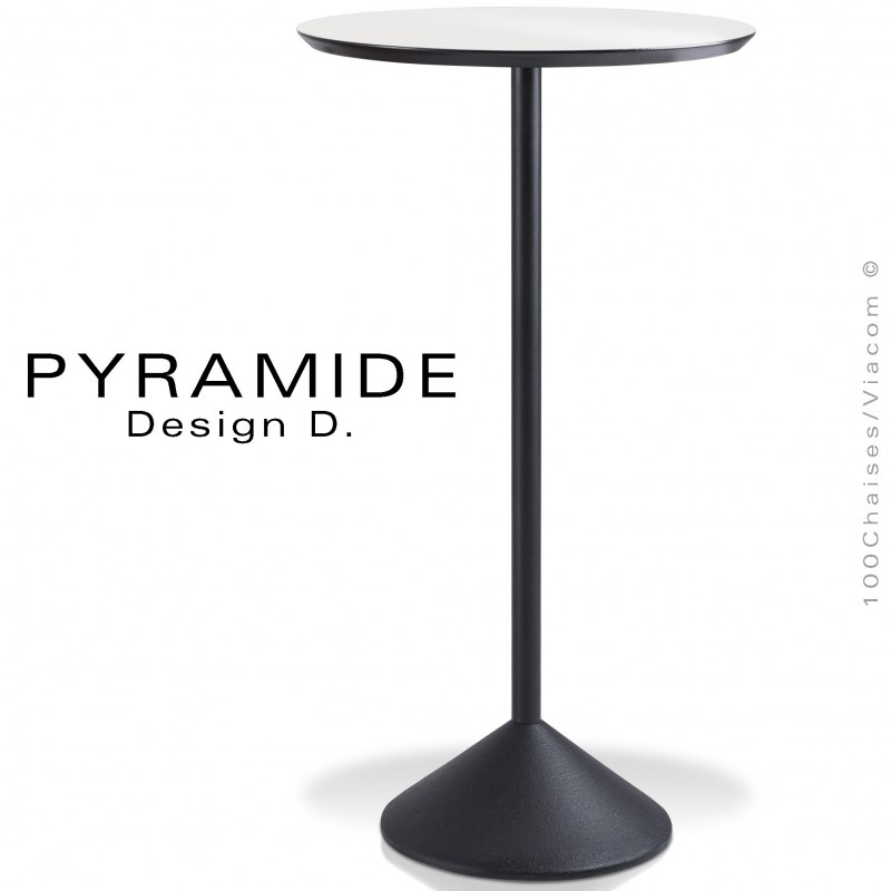 Table mange debout PYRAMIDE pour CHR., piétement fonte d'aluminium peint noir, plateau stratifié couleur blanche.