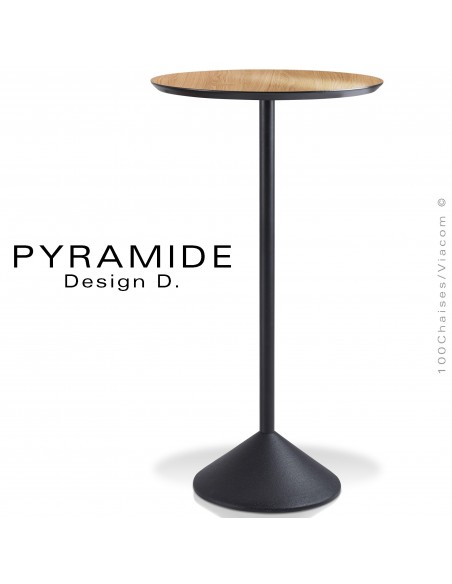 Table mange debout PYRAMIDE pour CHR., piétement fonte d'aluminium peint noir, plateau stratifié aspect bois chêne clair.