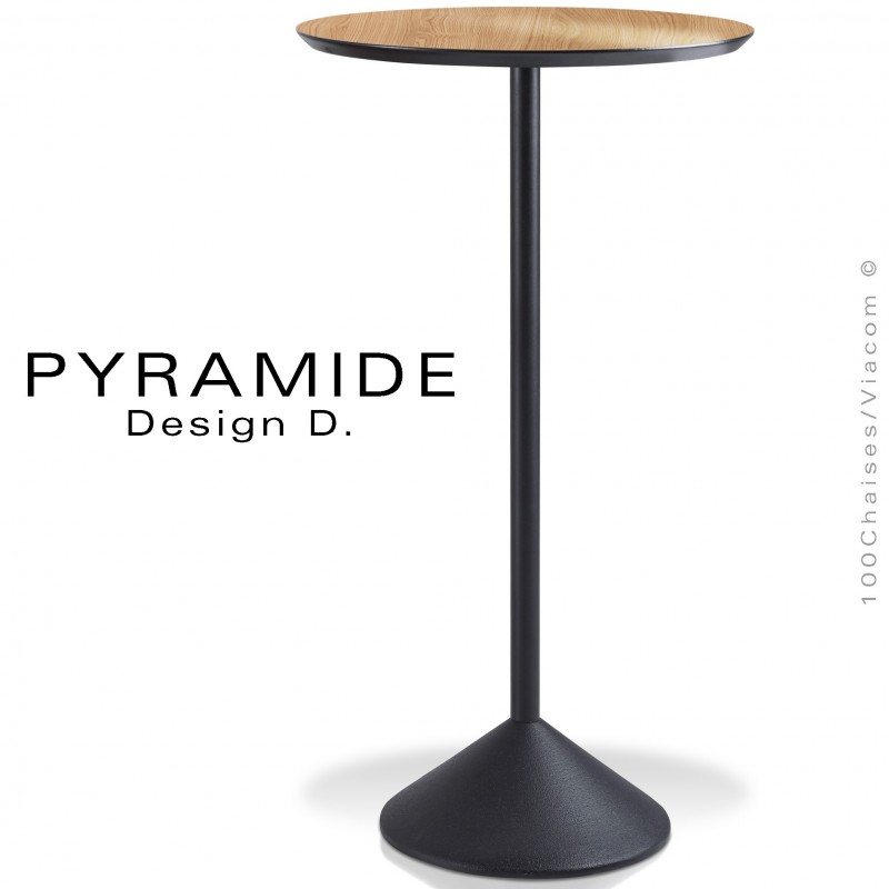 Table mange debout PYRAMIDE pour CHR., piétement fonte d'aluminium peint noir, plateau stratifié aspect bois chêne clair.