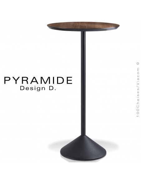 Table mange debout PYRAMIDE pour CHR., piétement fonte d'aluminium peint noir, plateau stratifié aspect bois chêne sombre.