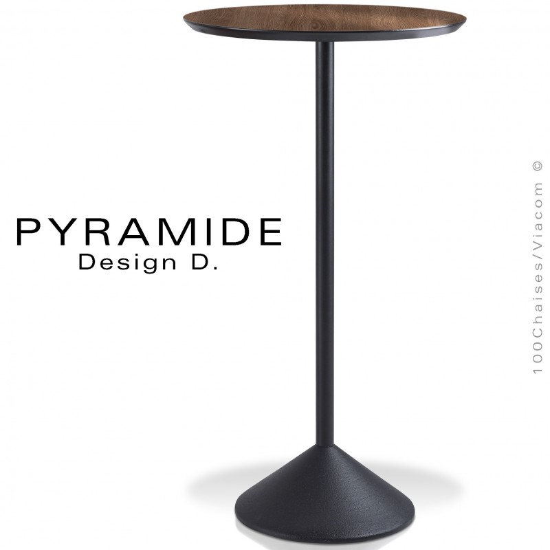 Table mange debout PYRAMIDE pour CHR., piétement fonte d'aluminium peint noir, plateau stratifié aspect bois chêne sombre.