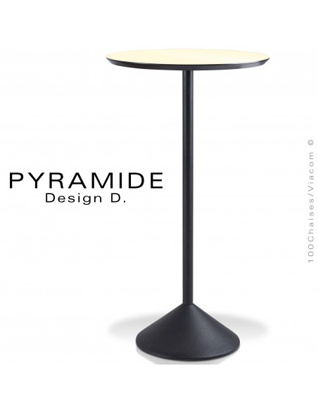 Table mange debout PYRAMIDE pour CHR., piétement fonte d'aluminium peint noir, plateau stratifié couleur crème.
