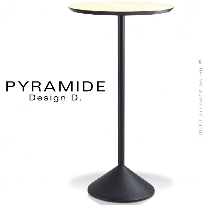 Table mange debout PYRAMIDE pour CHR., piétement fonte d'aluminium peint noir, plateau stratifié couleur crème.