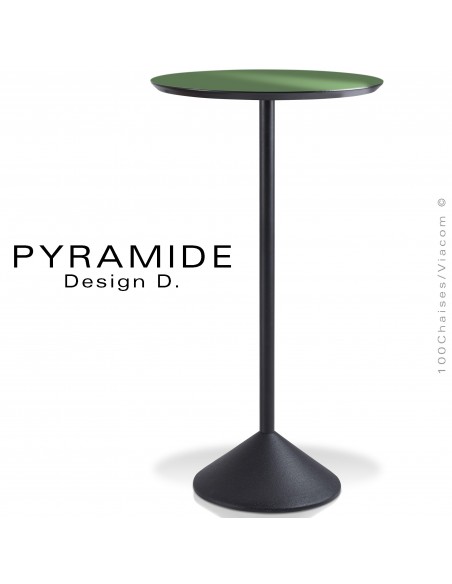 Table mange debout PYRAMIDE pour CHR., piétement fonte d'aluminium peint noir, plateau stratifié couleur vert épicéa.