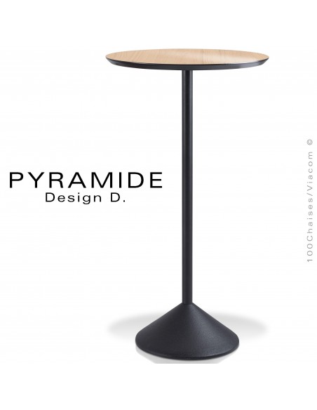 Table mange debout PYRAMIDE pour CHR., piétement fonte d'aluminium peint noir, plateau stratifié aspect bois hêtre clair.