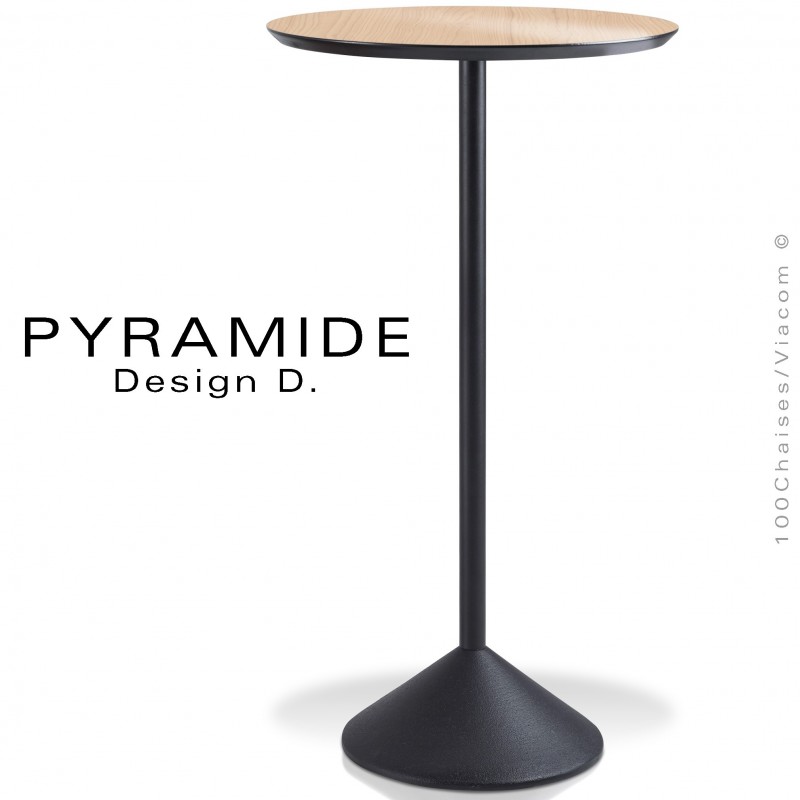 Table mange debout PYRAMIDE pour CHR., piétement fonte d'aluminium peint noir, plateau stratifié aspect bois hêtre clair.