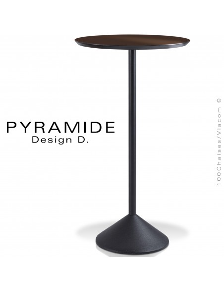 Table mange debout PYRAMIDE pour CHR., piétement fonte d'aluminium peint noir, plateau stratifié couleur marron.