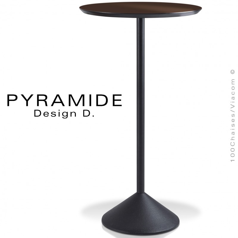 Table mange debout PYRAMIDE pour CHR., piétement fonte d'aluminium peint noir, plateau stratifié couleur marron.