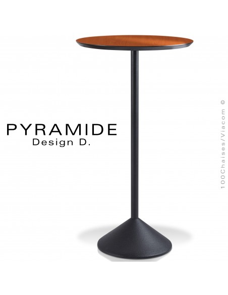 Table mange debout PYRAMIDE pour CHR., piétement fonte d'aluminium peint noir, plateau stratifié aspect bois merisier ambré.