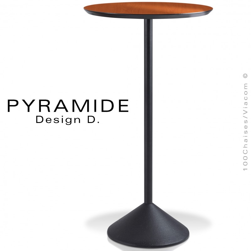 Table mange debout PYRAMIDE pour CHR., piétement fonte d'aluminium peint noir, plateau stratifié aspect bois merisier ambré.