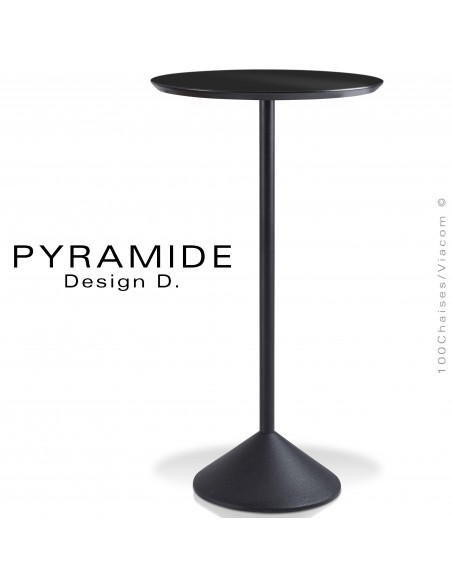 Table mange debout PYRAMIDE pour CHR., piétement fonte d'aluminium peint noir, plateau stratifié couleur noir.