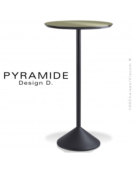 Table mange debout PYRAMIDE pour CHR., piétement fonte d'aluminium peint noir, plateau stratifié couleur vert kaki.
