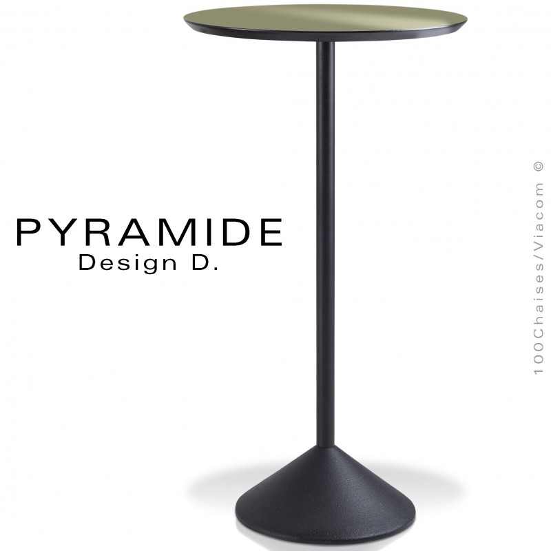 Table mange debout PYRAMIDE pour CHR., piétement fonte d'aluminium peint noir, plateau stratifié couleur vert kaki.