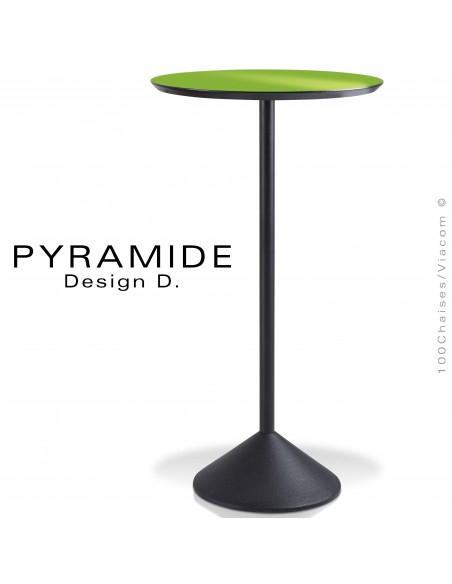 Table mange debout PYRAMIDE pour CHR., piétement fonte d'aluminium peint noir, plateau stratifié couleur vert pomme.