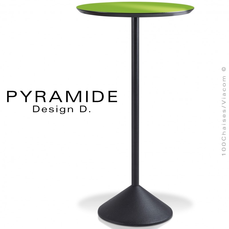 Table mange debout PYRAMIDE pour CHR., piétement fonte d'aluminium peint noir, plateau stratifié couleur vert pomme.