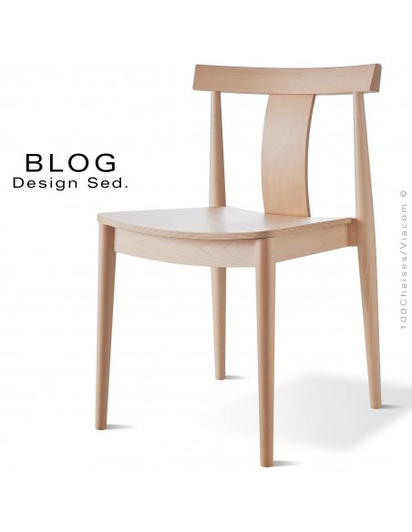 Chaise bois BLOG, structure bois de hêtre vernis blanchi.