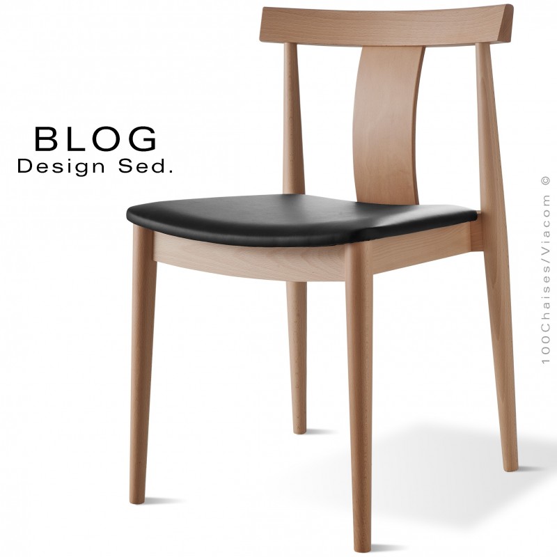 Chaise bois BLOG, structure bois de hêtre vernis naturel, assise cuir noir.