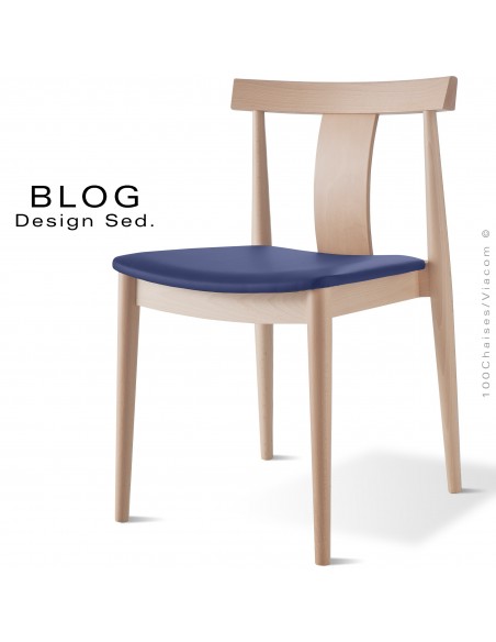 Chaise bois BLOG, structure bois de hêtre blanchi, assise cuir bleu foncé.
