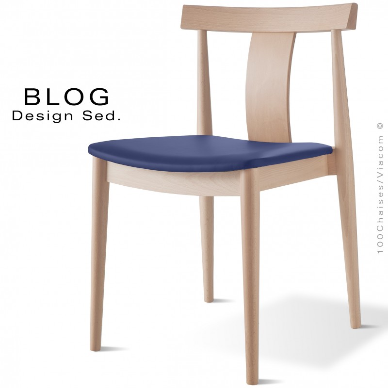 Chaise bois BLOG, structure bois de hêtre blanchi, assise cuir bleu foncé.