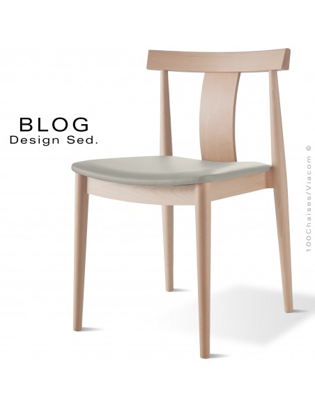 Chaise bois BLOG, structure bois de hêtre blanchi, assise cuir gris clair.