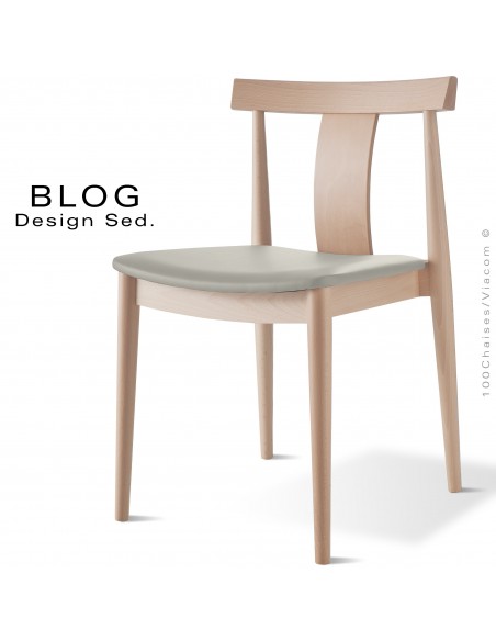 Chaise bois BLOG, structure bois de hêtre blanchi, assise cuir gris clair.