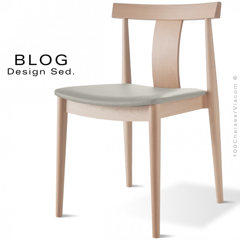 Chaise bois BLOG, structure bois de hêtre blanchi, assise cuir gris clair.