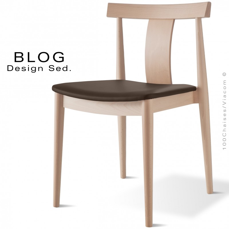 Chaise bois BLOG, structure bois de hêtre blanchi, assise cuir marron foncé.