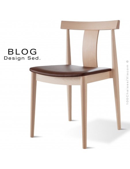 Chaise bois BLOG, structure bois de hêtre blanchi, assise cuir marron.